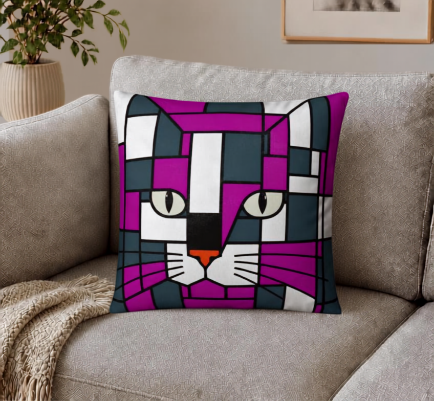 A square throw pillow featuring a stylized, geometric cat face in purple, magenta, white, and dark gray, styled on a light gray fabric sofa with a beige throw blanket.