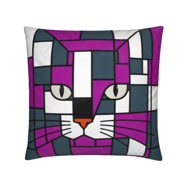 A square throw pillow featuring a stylized cat face in a geometric, stained-glass-like pattern with prominent purple, dark gray, white, and black sections, and a small orange nose.