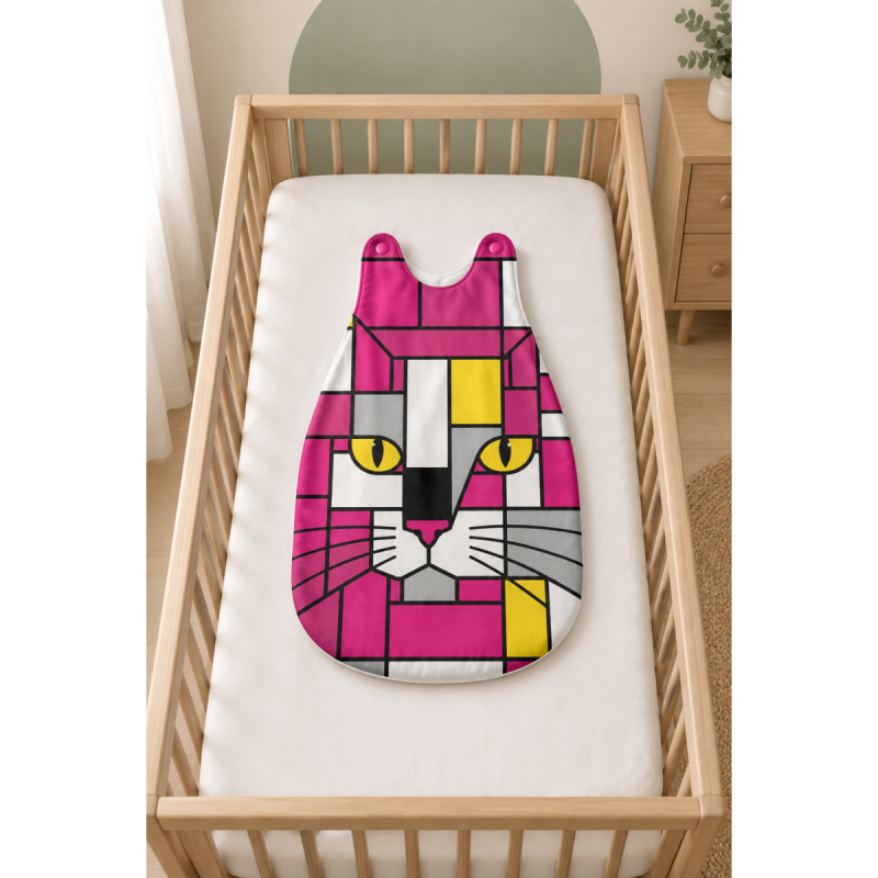 A baby sleep bag featuring a colorful geometric cat face design, displayed on a white mattress inside a light wood crib.