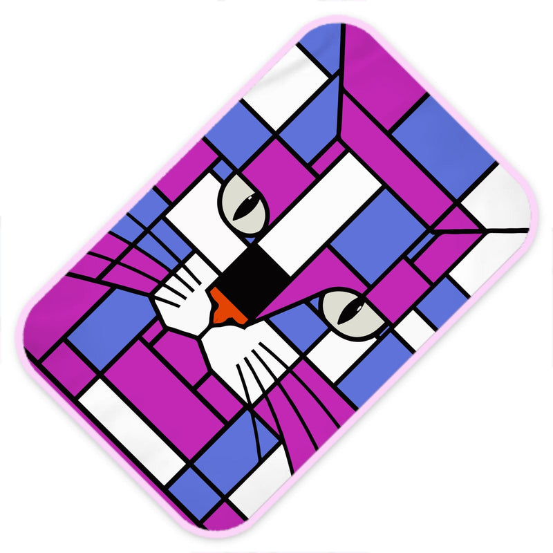 A rectangular baby chnaging mat rounded corners featuring a colorful stained-glass style cat face design in purple, blue, white, black with a light pink border, shown on a plain white background.