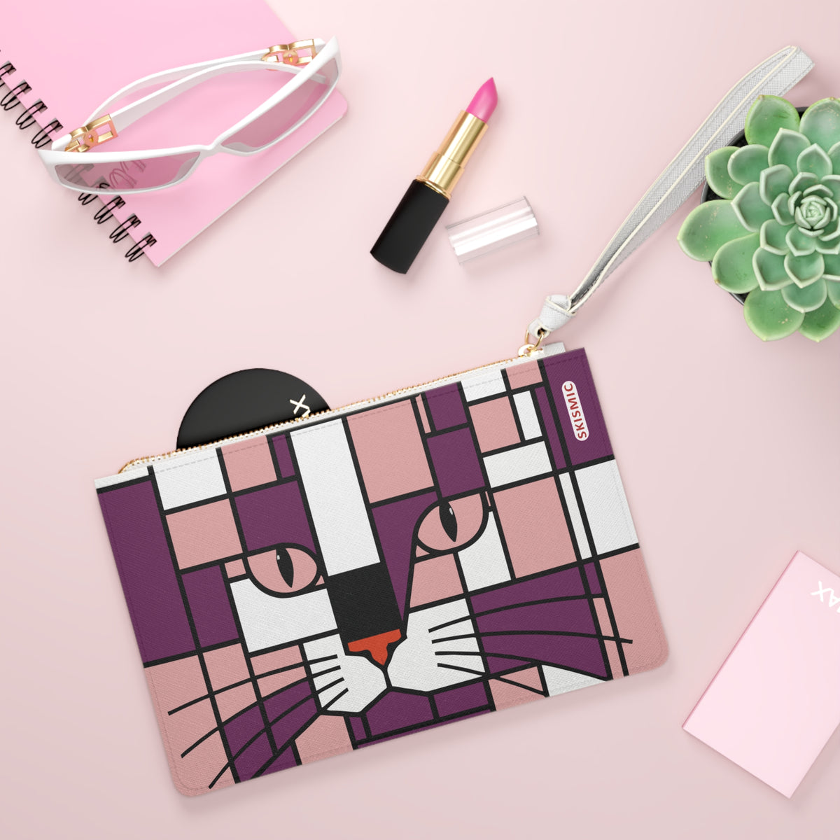 Skismic Cat Clutch Bag – Rose Pink / Crimson with Forest Terracotta / Green