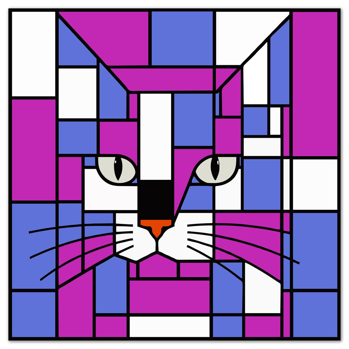 A cosmic geometric cat face made of purple, blue, white, black, and orange blocks, presented as a square graphic with a thin black border on a white background.