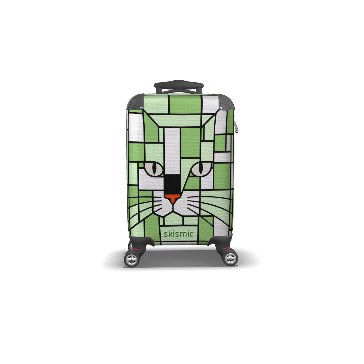 A hard-shell spinner suitcase with a green and white geometric cat face design, featuring the brand name 'skismic' on the front, set against a plain white background.