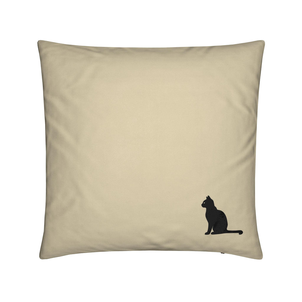 A square beige throw pillow featuring a small black silhouette of a sitting cat in the bottom right corner, shown against a plain white background.