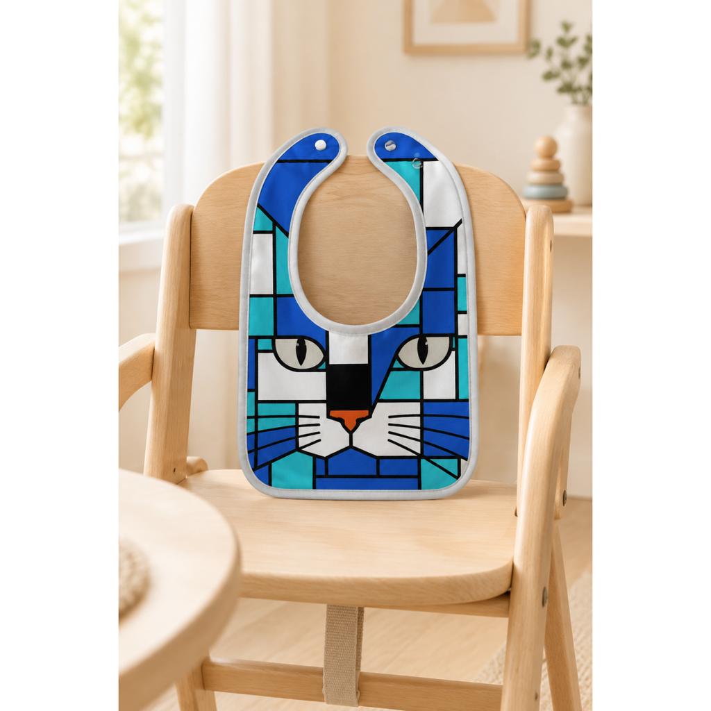 A baby bib with a colorful geometric cat face design, displayed on a light wood high chair in a bright, modern room.