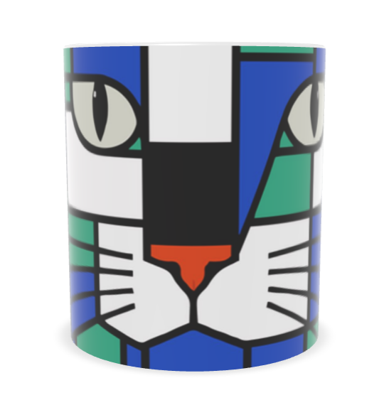 A white ceramic mug featuring a bold, geometric, pop-art style cat face design in blue, green, black, white, and orange, shown against a plain white background.