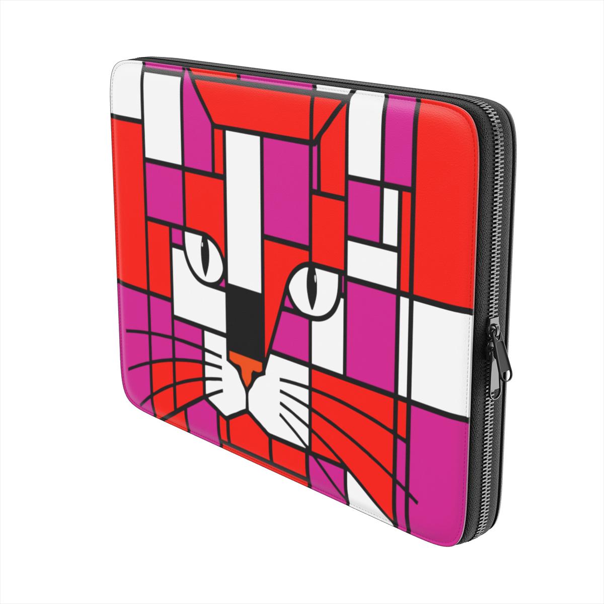 Side view of the blood orange, neon red and purple geometric cat face premium laptop sleeve, highlighting its slim profile and premium zip closur
