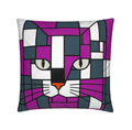 A square throw pillow featuring a stylized cat face in a geometric, stained-glass-like pattern with prominent purple, dark gray, white, and black sections, and a small orange nose.