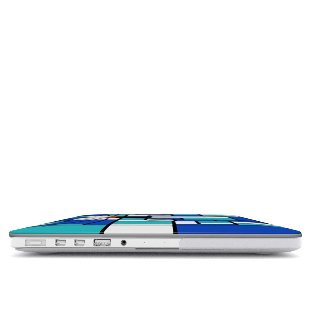Ultra-thin blue and sea blue MacBook case with precision fit viewed from side.