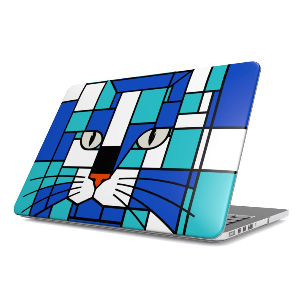 Blue and sea blue slim protective MacBook case shown from the front angled view.
