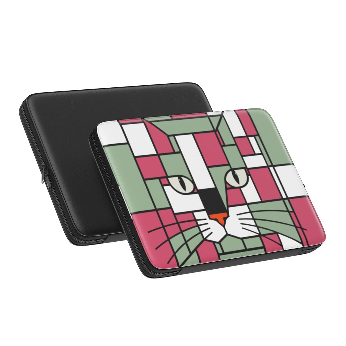 both sides of a premium laptop sleeve featuring a geometric cat face design in red, terracotta, forest green and olive, shown from the front angle