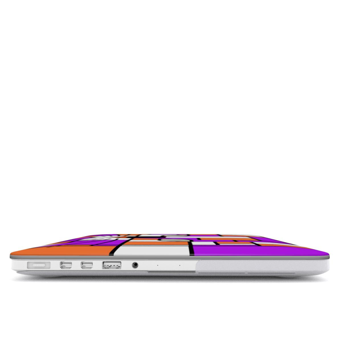 Side view of the bright purple and orange geometric cat face MacBook protective case, highlighting its slim profile.