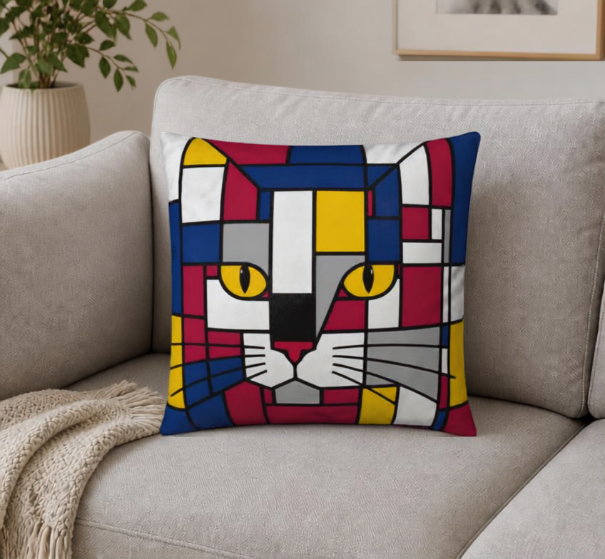 A square throw pillow featuring a colorful, geometric, cubist-style cat face design, resting on a light gray fabric sofa in a cozy living room setting.