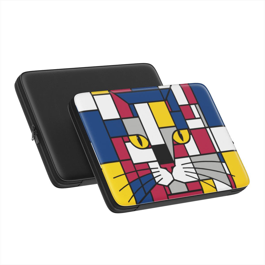 exterior both sides detail of the Carnival geometric cat face premium laptop sleeve showing the padded lining and protective construction.
