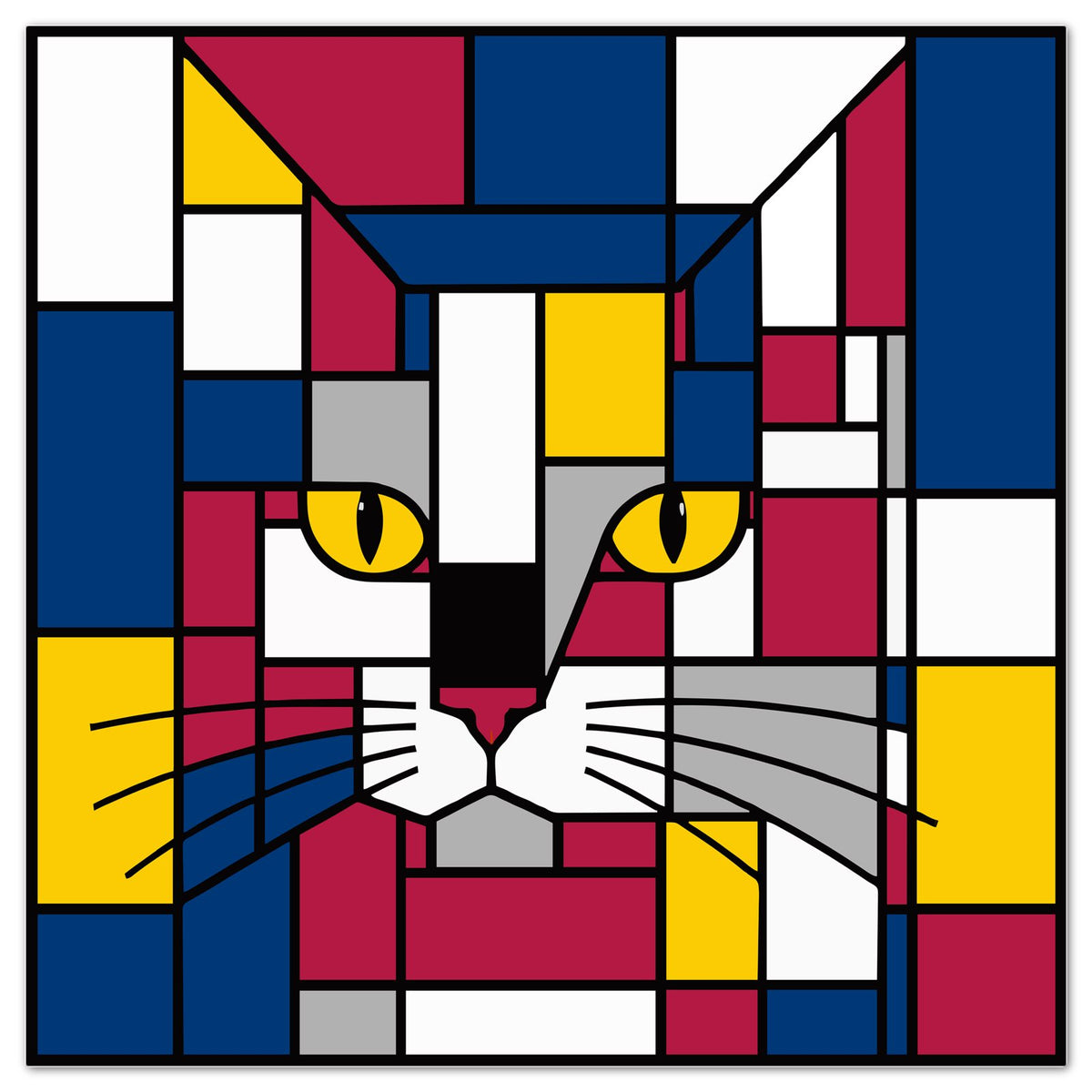 A stylized cat face rendered in a geometric, stained-glass-like pattern with blocks of navy blue, burgundy red, yellow, white, gray, and black outlines.