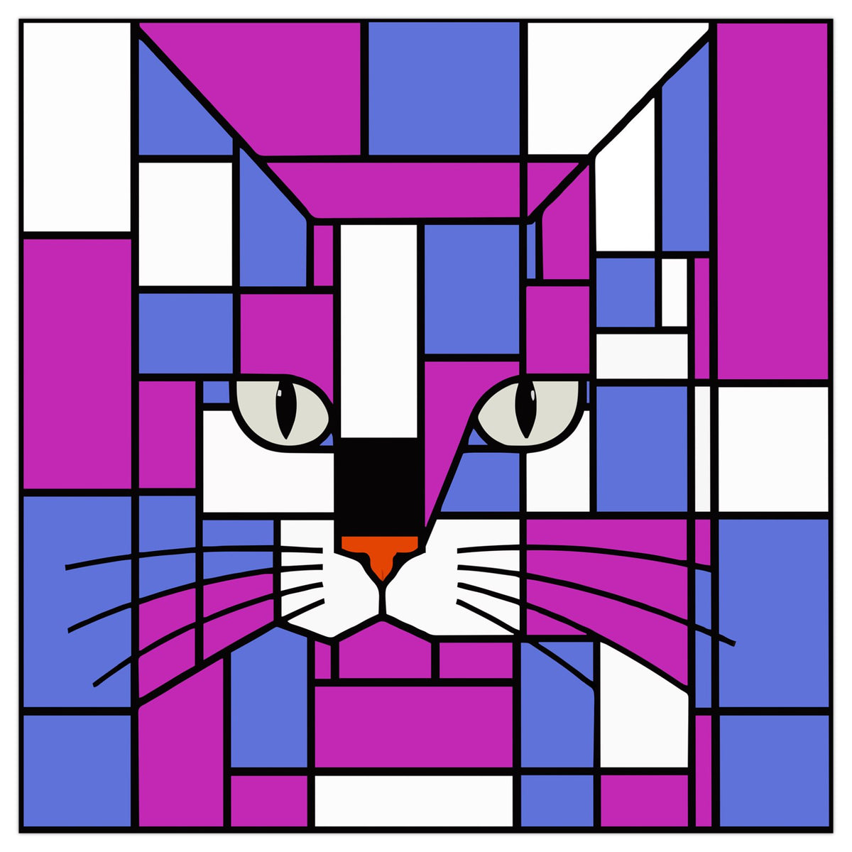 A stylized geometric cat face artwork made of purple, blue, white, black, and small orange accents, filling the frame.
