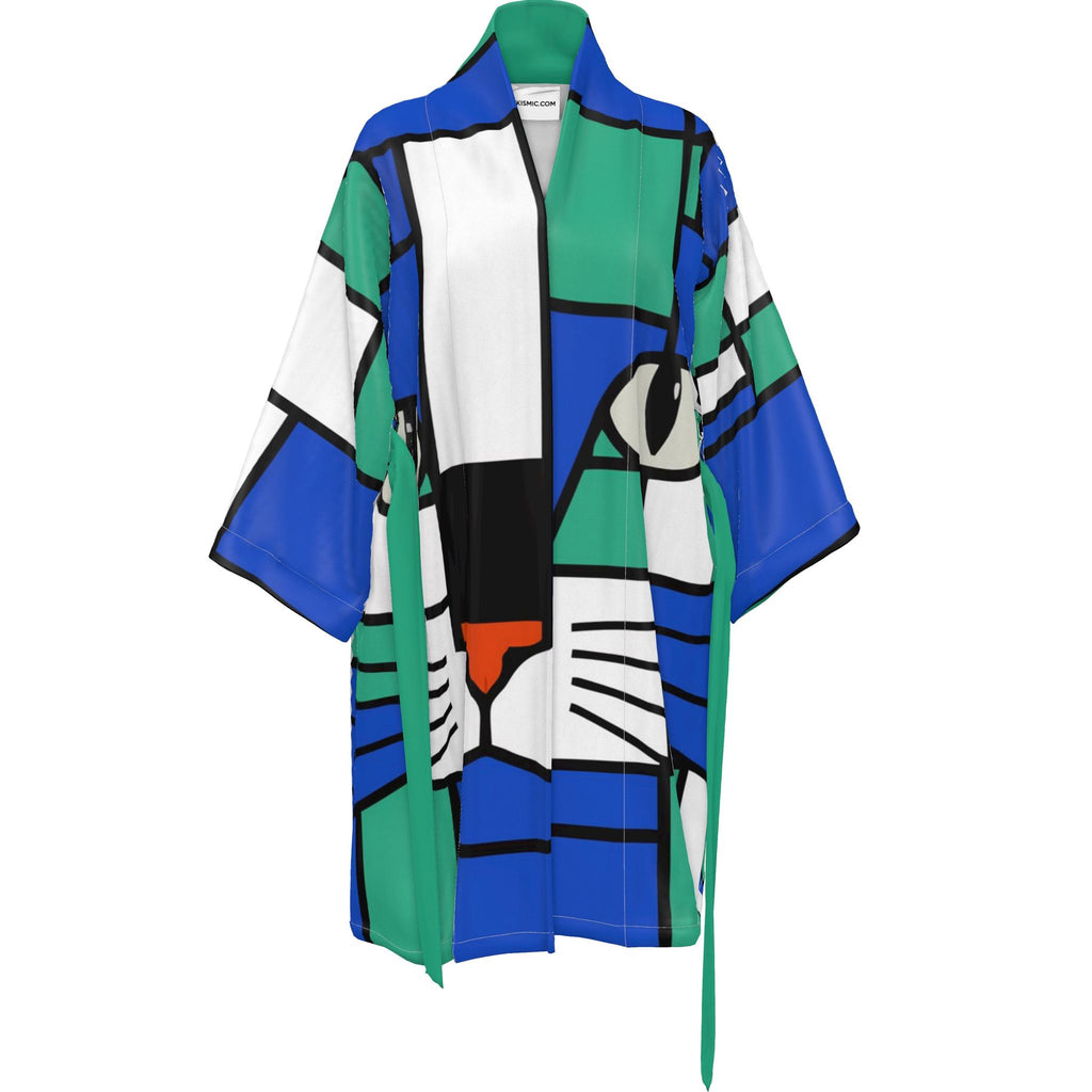 A kimono-style robe featuring a bold, geometric, cubist-inspired print in blue, green, white, black, and a small orange accent, displayed on a clean white background.