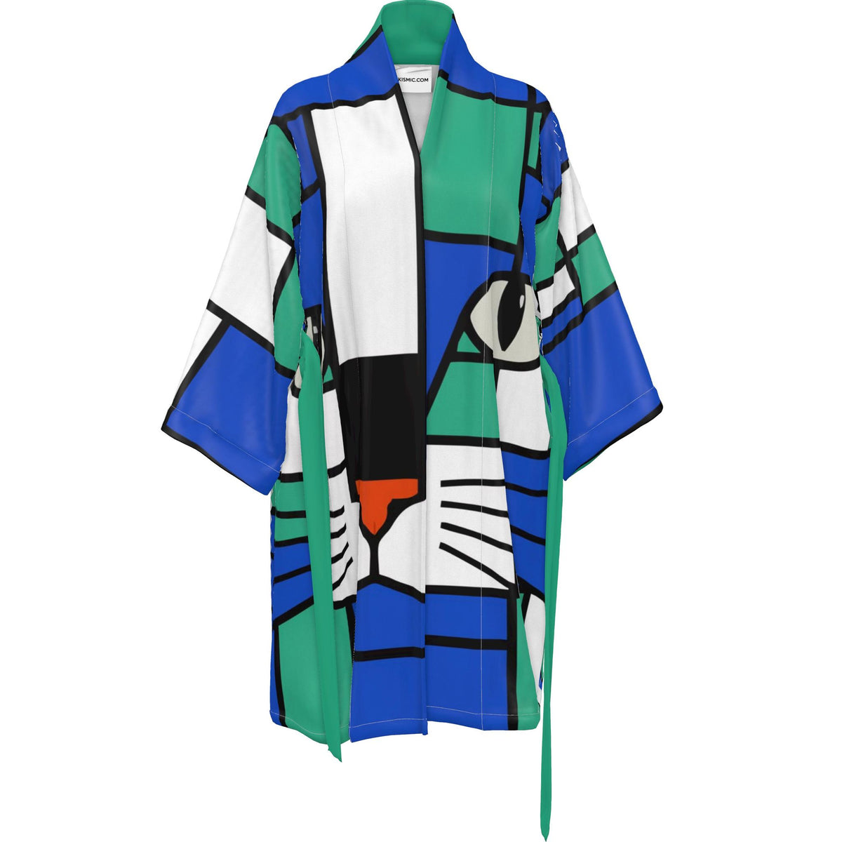 A kimono-style robe featuring a bold, geometric, cubist-inspired print in blue, green, white, black, and a small orange accent, displayed on a clean white background.