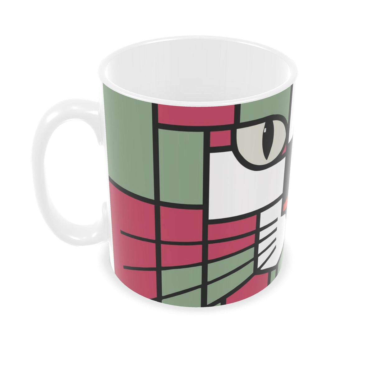 A white ceramic mug featuring a stylized, geometric cat face illustration in shades of sage green, dusty pink, and white with black outlines.