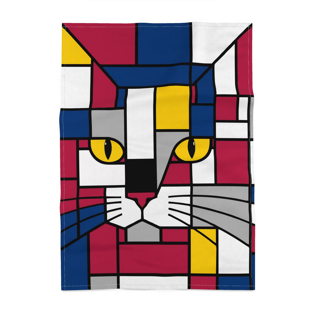 A square kitchen towel featuring a colorful, geometric cat face in a Mondrian-style abstract art design, shown flat against a white background.