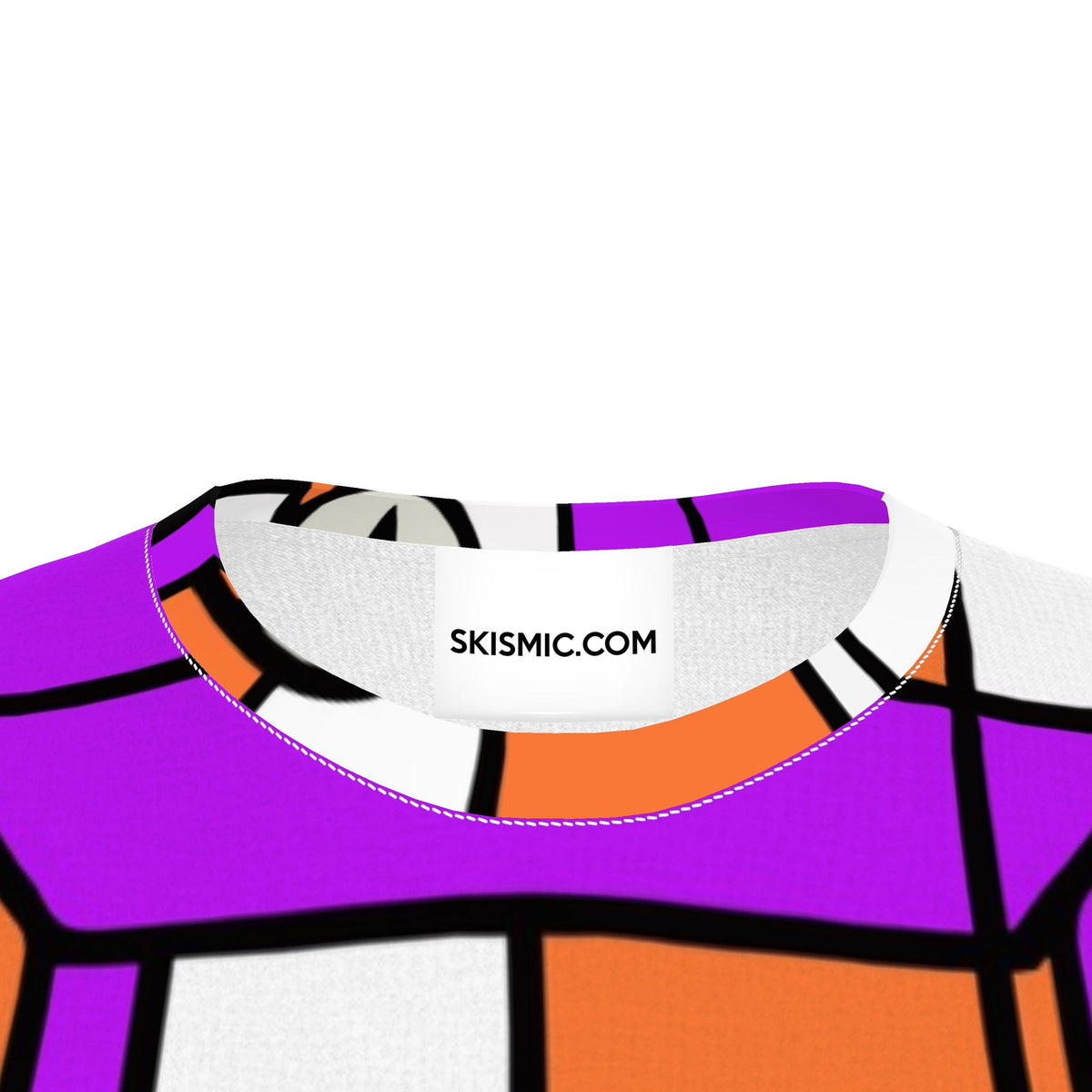 Close-up of a crewneck t-shirt collar with a colorful geometric stained-glass style print in purple, orange, white, and black. The inner neck label reads SKISMIC.