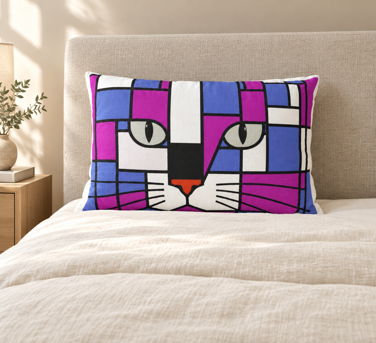 A rectangular throw pillow featuring a colorful, geometric cat face design in shades of purple, blue, white, black, and orange, resting on a beige bed with a matching headboard.