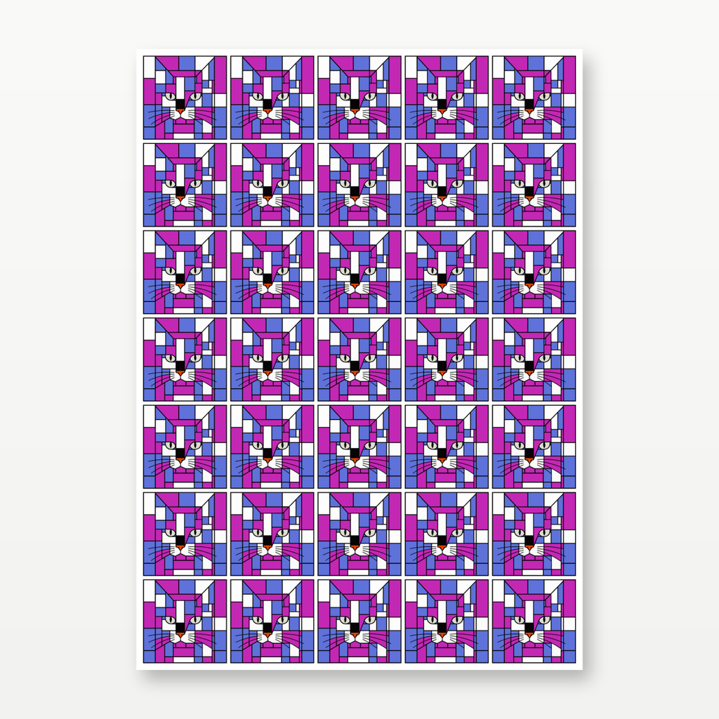 A rectangular set of 35 stickers  featuring a repeating grid of cat faces in a geometric, stained-glass-like pattern with pink, purple, blue, white, and black shapes, shown against a light gray background.