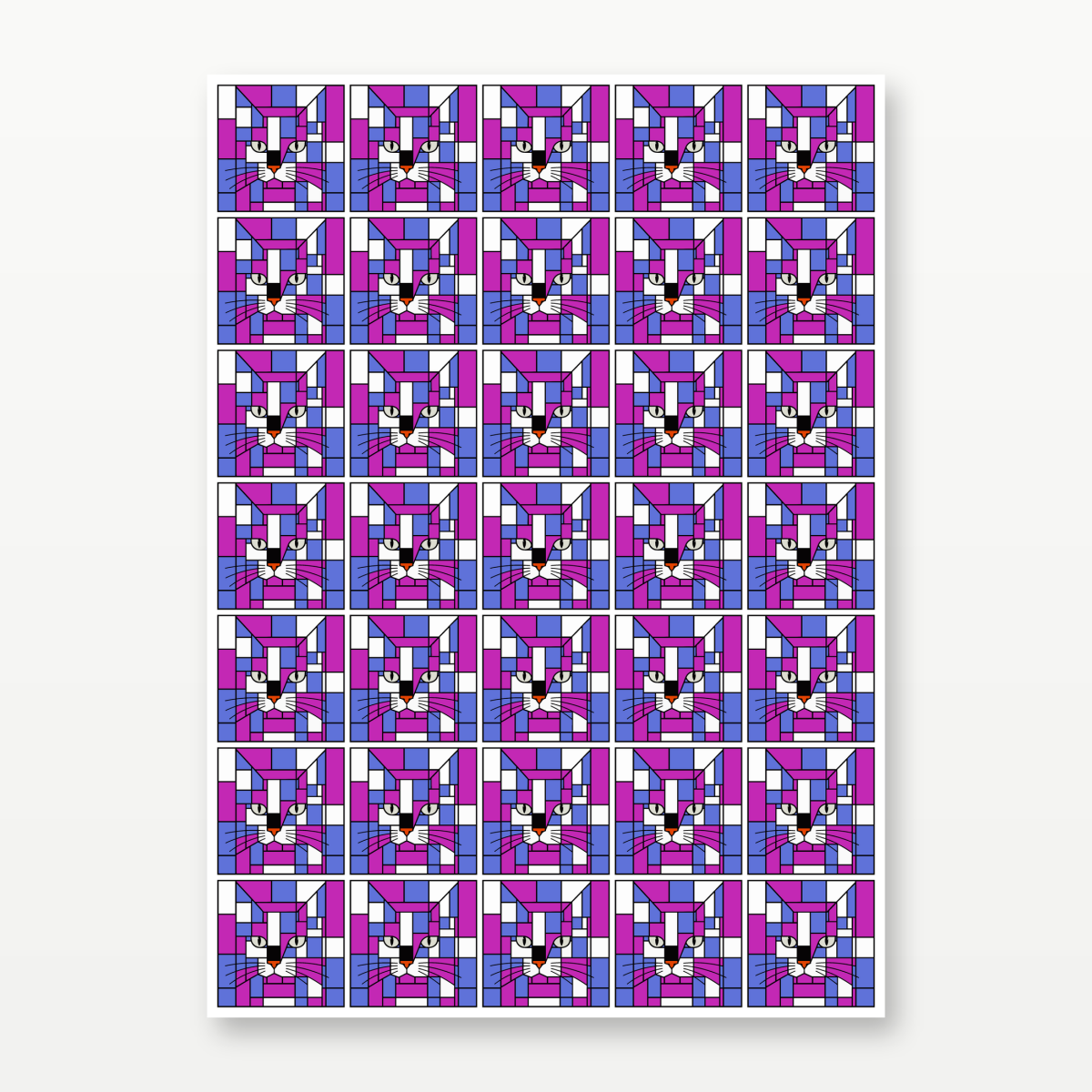A rectangular set of 35 stickers  featuring a repeating grid of cat faces in a geometric, stained-glass-like pattern with pink, purple, blue, white, and black shapes, shown against a light gray background.