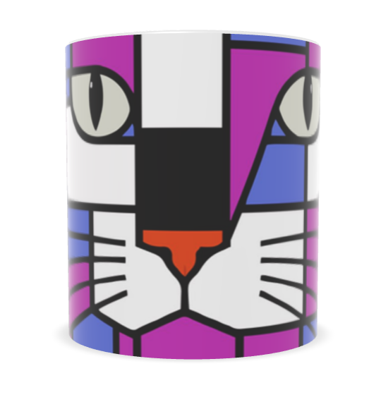 A white ceramic mug featuring a geometric cat face design in a pop-art style with purple, magenta, blue, black, white, and orange colors.