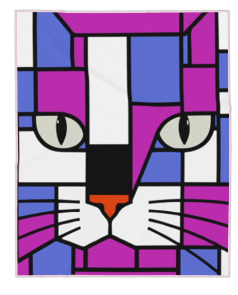 A towel with a cat face in a geometric, stained-glass-like pattern with purple, blue, white, black, and orange nose.