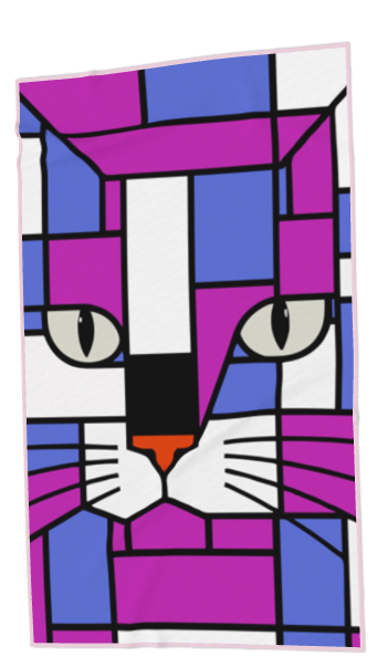 A  towel featuring a colorful geometric cat face design in a stained-glass style. The design uses magenta, blue, white, black, and a small orange accent.