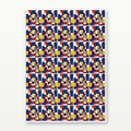 A sheet of 35 identical square stickers featuring a colorful geometric pattern inspired by Piet Mondrian, with red, blue, yellow, and white blocks separated by thin black lines, set against a light gray background.