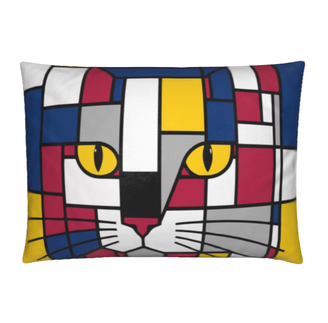 A rectangular throw pillow featuring a stylized, geometric cat face design in a stained-glass art style with blue, red, yellow, white, gray, and black colors.