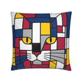 A square throw pillow featuring a colorful, geometric cat face design in a Mondrian-style stained glass pattern, shown against a plain white background.