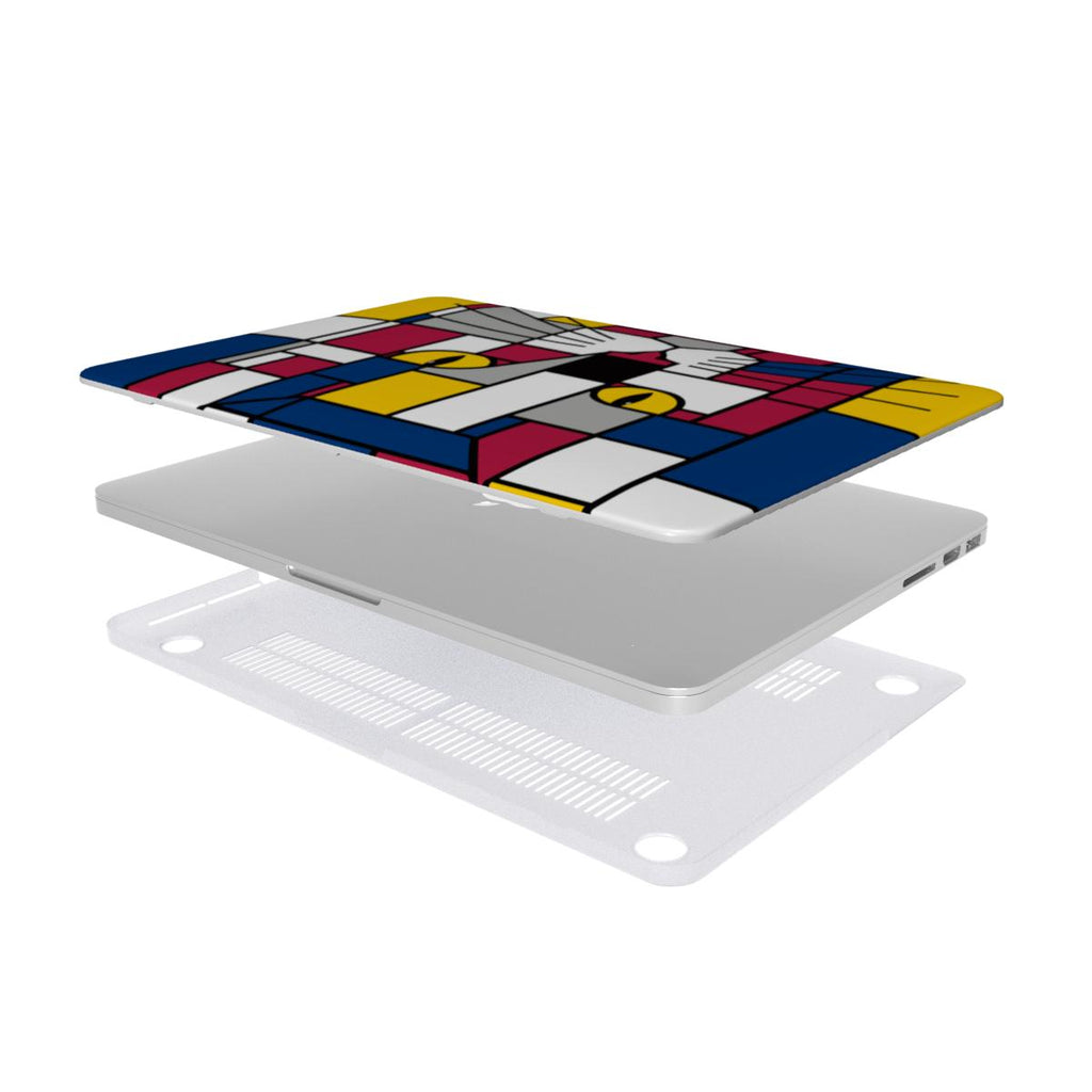 Dark blue, red and yellow protective MacBook case fitted to a MacBook, showcasing its slim design and full port access.