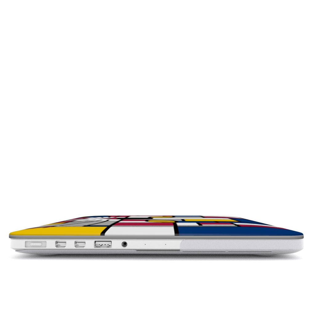 Ultra-thin dark blue, red and yellow MacBook case with a precision fit viewed from side