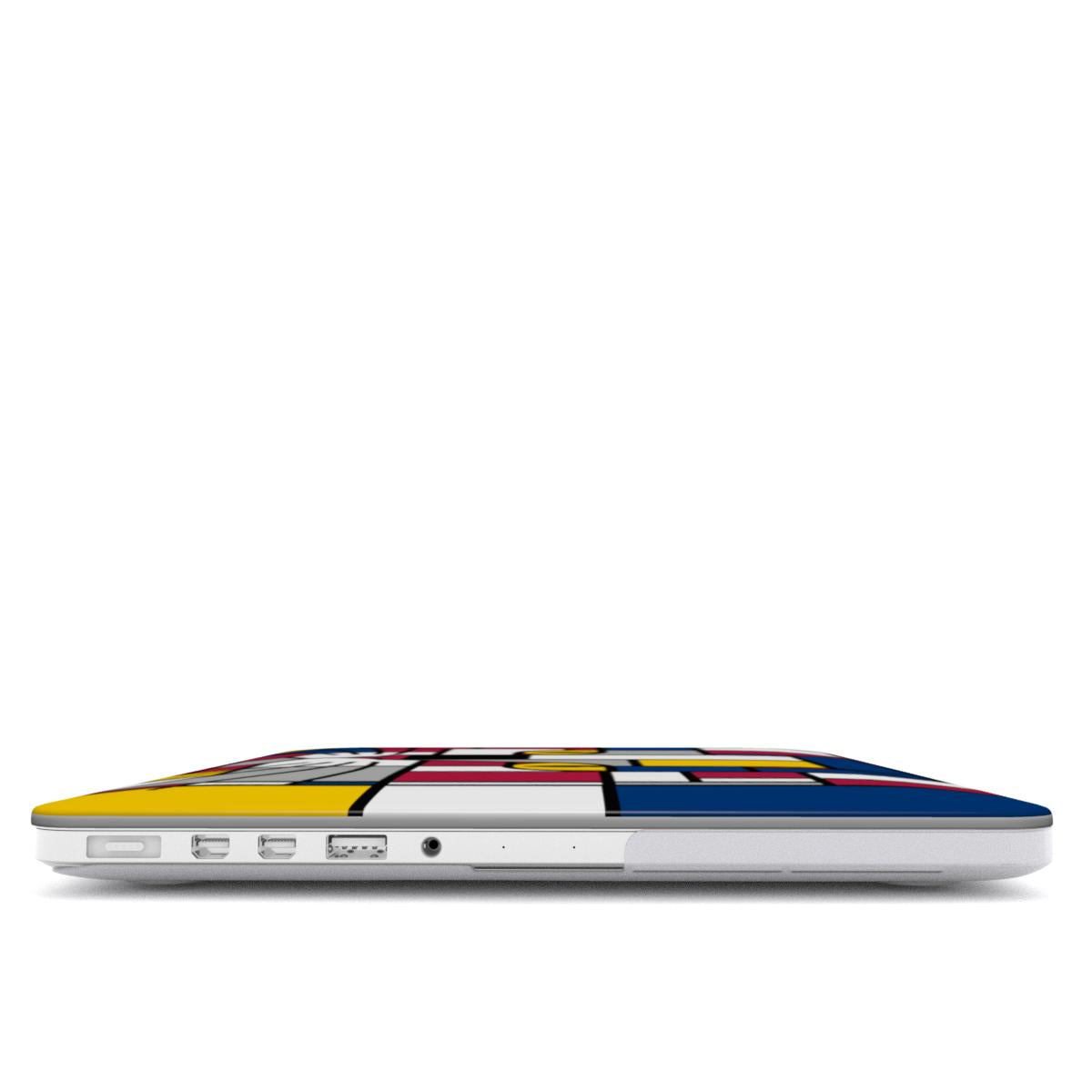 Ultra-thin dark blue, red and yellow MacBook case with a precision fit viewed from side