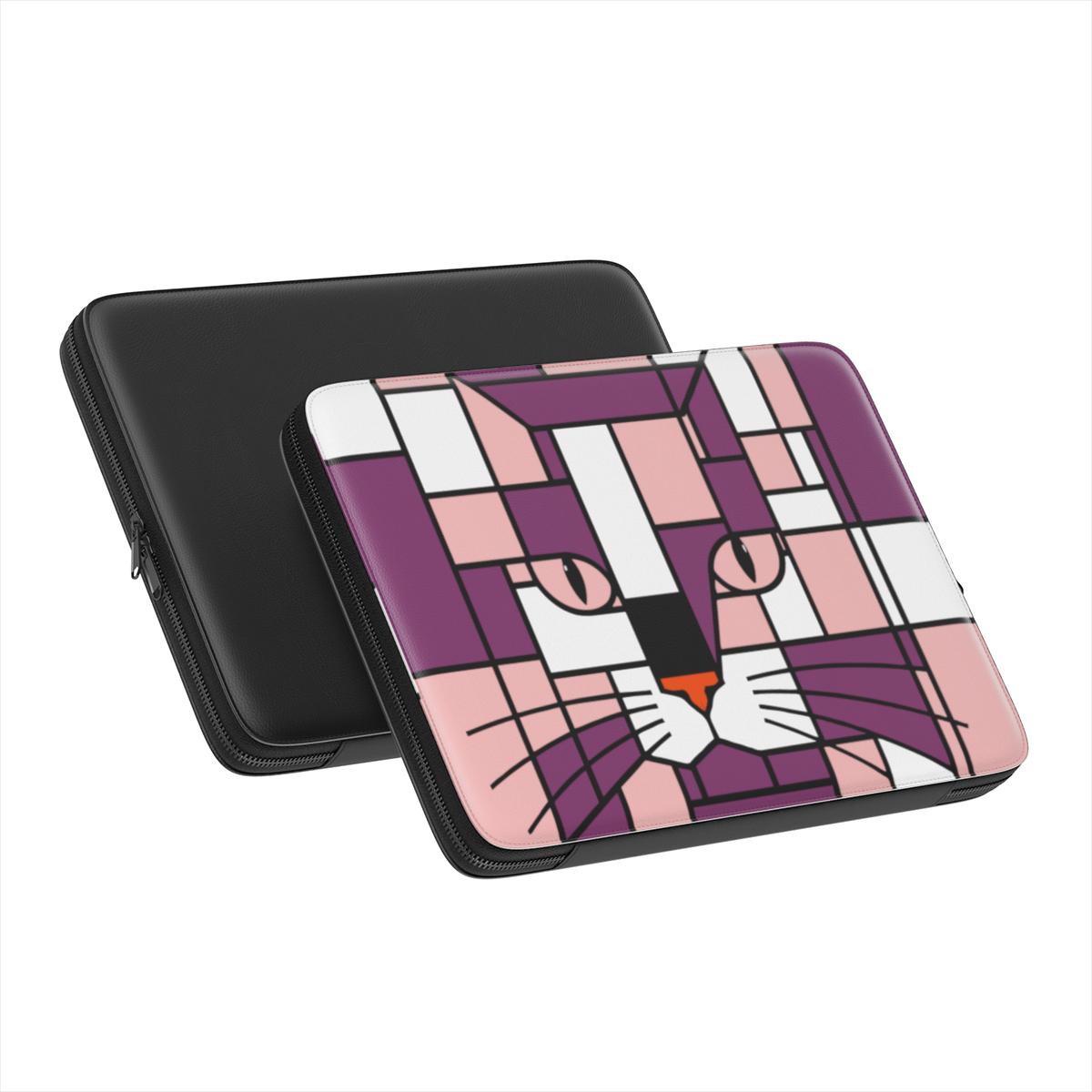 exterior detail of the pink, purple and rose geometric cat face premium laptop sleeve showing the padded lining and protective construction with plain rear cover.