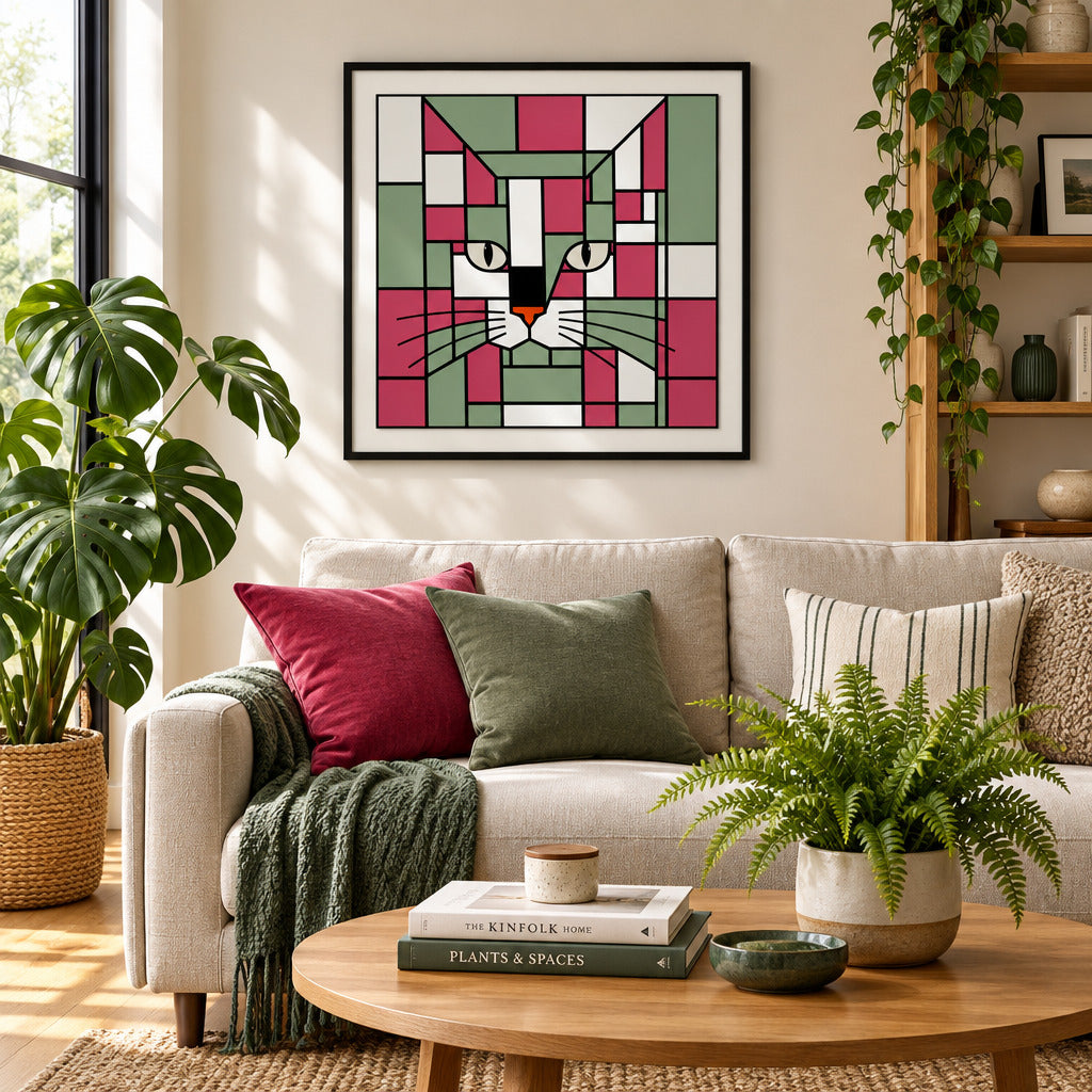 A stylized geometric cat face artwork made of pink, sage green, white, black, and orange blocks with black outlines, centered on a white background.