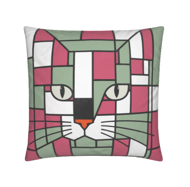 A square throw pillow featuring a stylized, geometric cat face illustration in pink, sage green, white, and black, with a small orange nose accent, shown against a plain white background.