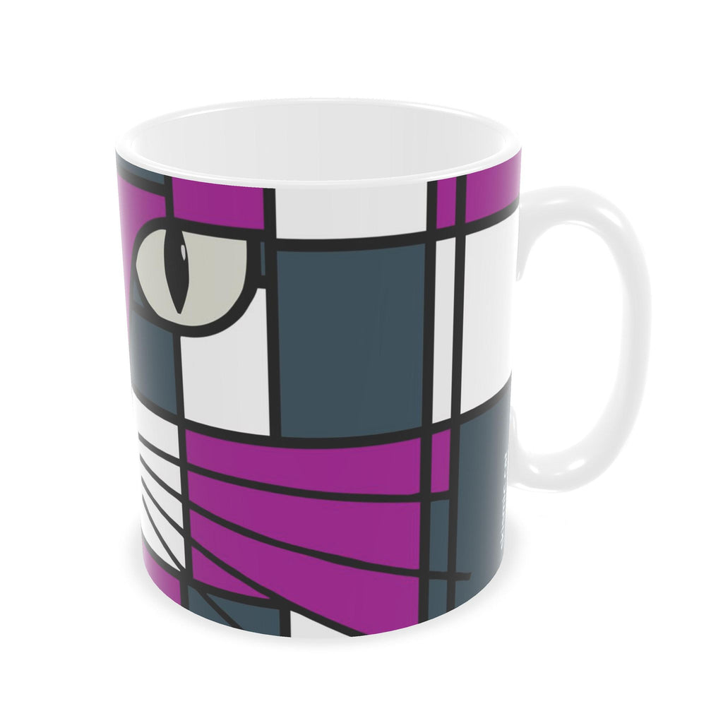 A large ceramic builders mug featuring a stylized, geometric cat face design in purple, dark gray, and white with black outlines.