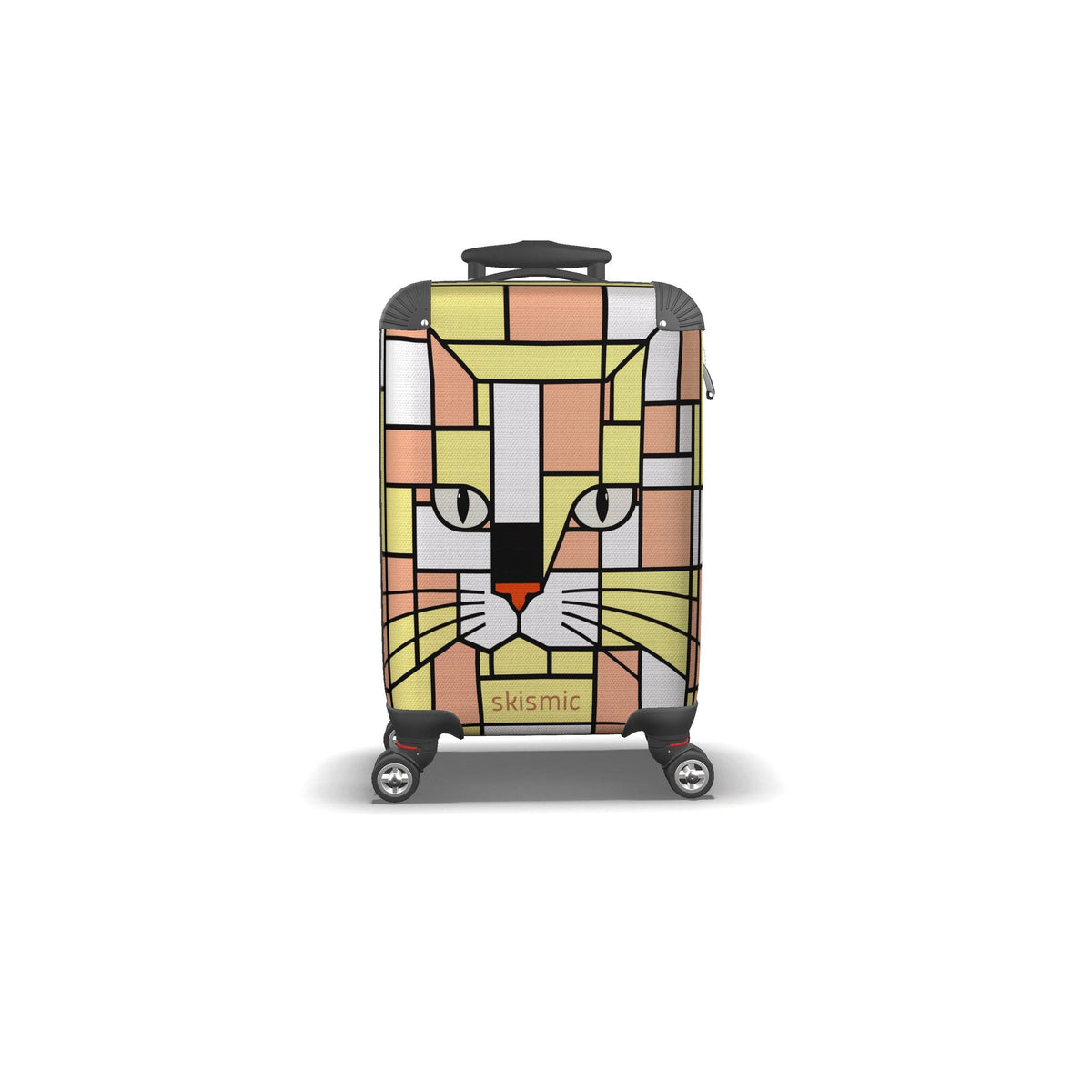 A hard-shell suitcase with a colorful pastel yellow and gold geometric cat face design, featuring four spinner wheels and a telescoping handle, shown on a plain white background.