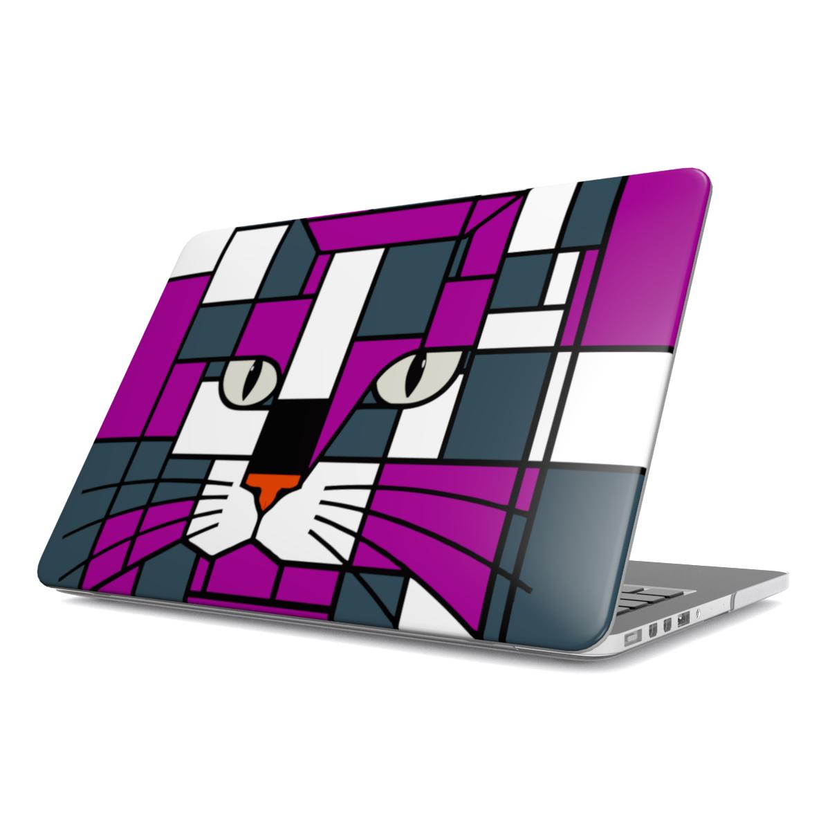 macbook case with a purple steel blue grey geometric cat design 