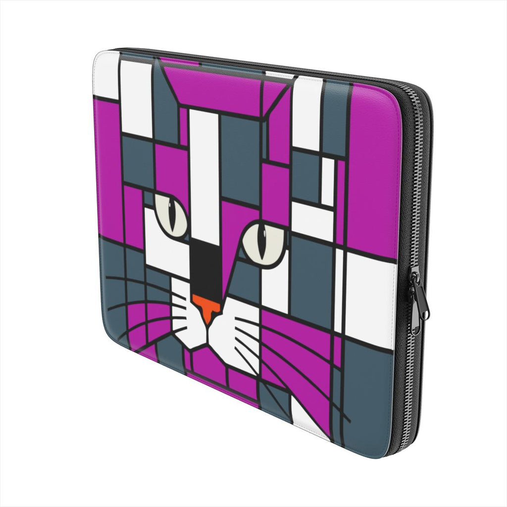 Moonlight premium laptop sleeve featuring a geometric cat face design in purple, dark silver and blue, shown from the front angle.