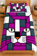 A single bed  with a colorful geometric cat print duvet cover and matching pillowcase, shown in a styled bedroom setting with a wooden bed frame, bedside table, and rug.