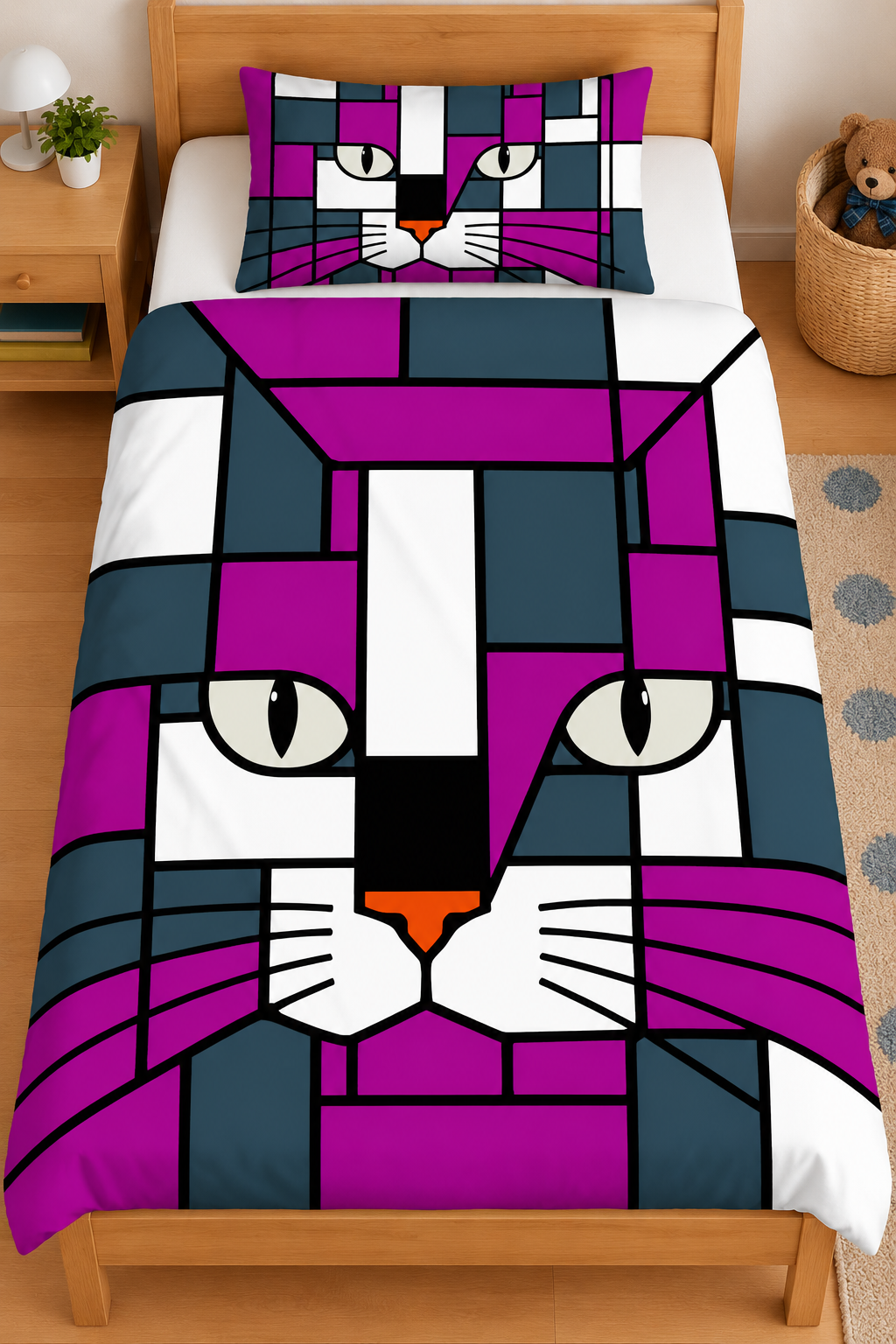 A single bed  with a colorful geometric cat print duvet cover and matching pillowcase, shown in a styled bedroom setting with a wooden bed frame, bedside table, and rug.