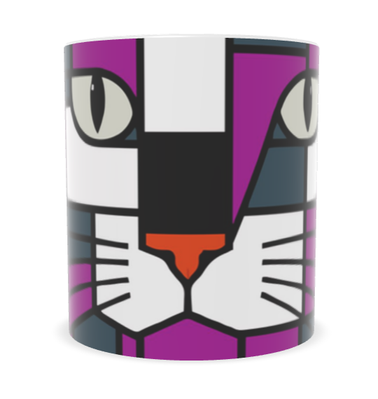 A round mug featuring a  geometric cat face design in purple, white, black, gray, and orange, shown against a plain white background.