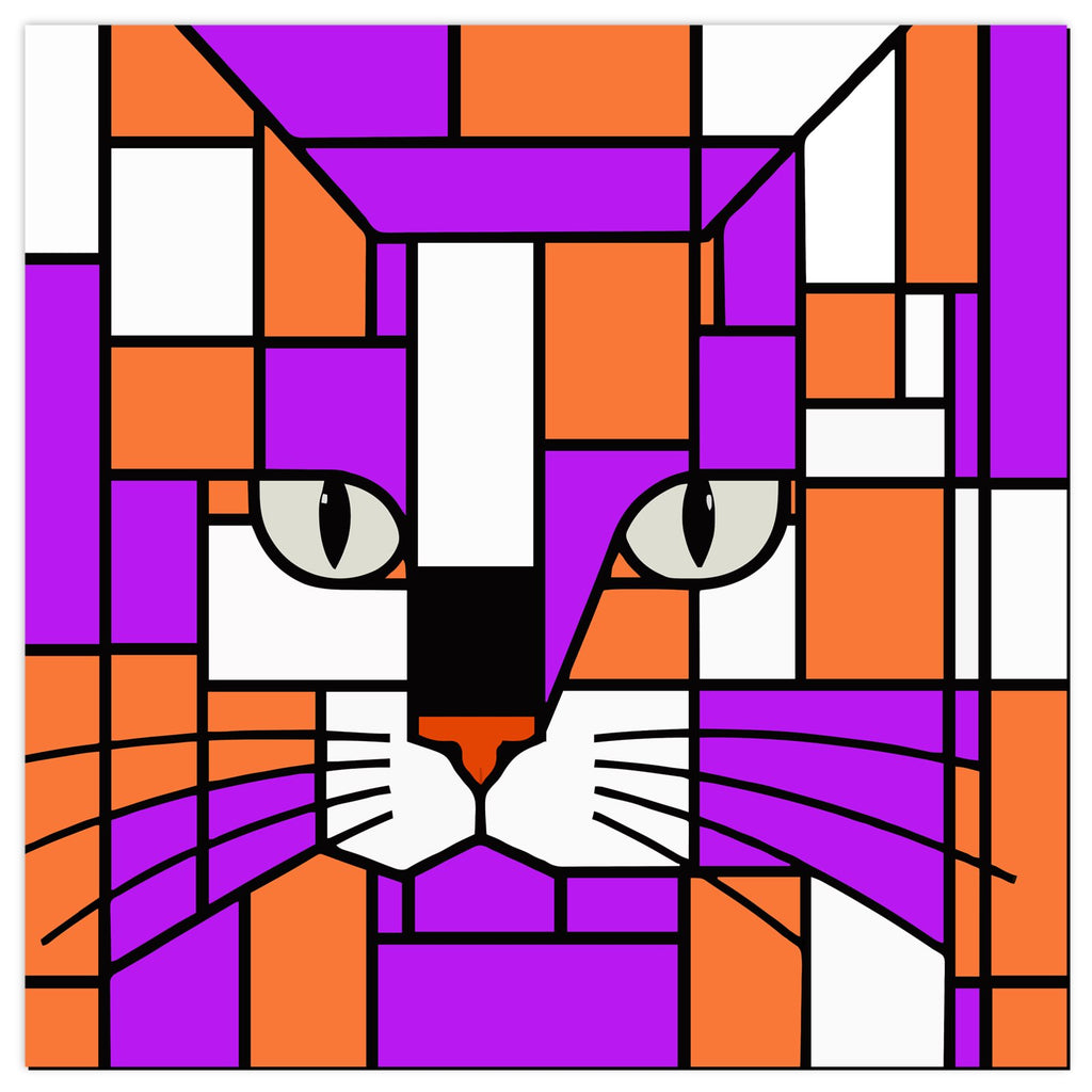 A geometric cat face artwork made of purple, orange, white, and black blocks, resembling stained-glass panels. The cat has white paws and paws with black whiskers, gray-green eyes, and an orange nose.