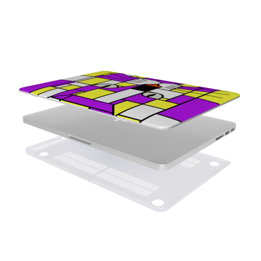 Nova bright neon purple and yellow geometric cat face MacBook protective case showing the complete two-piece case assembly.
