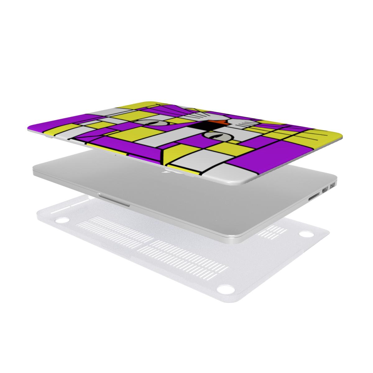 Nova bright neon purple and yellow geometric cat face MacBook protective case showing the complete two-piece case assembly.